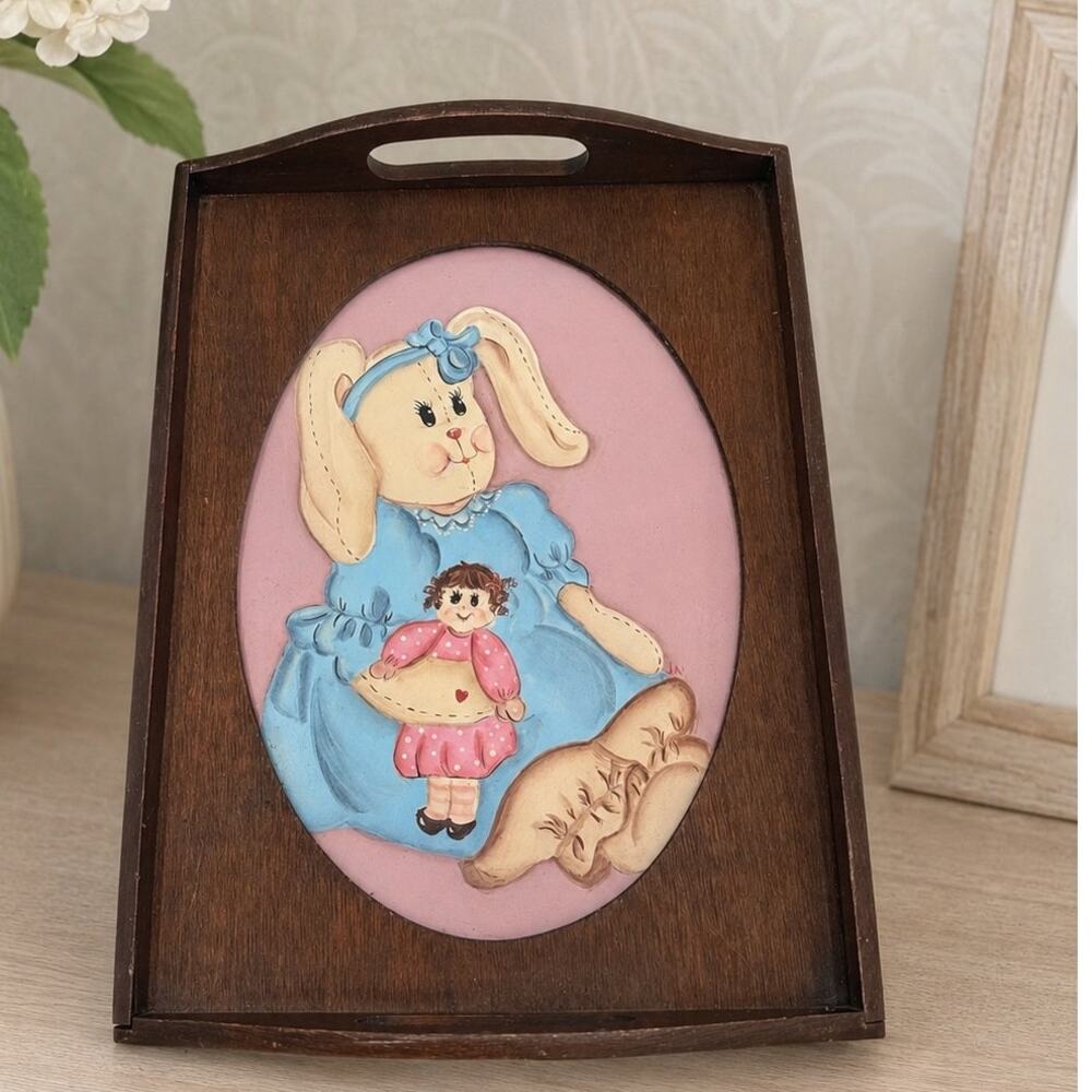 1980's Wood Tray with Painted Inset